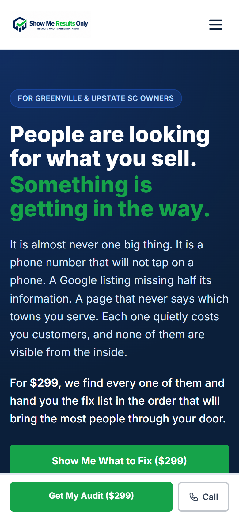 Mobile view with the sticky bar carrying both the buy action and a tap-to-call button.